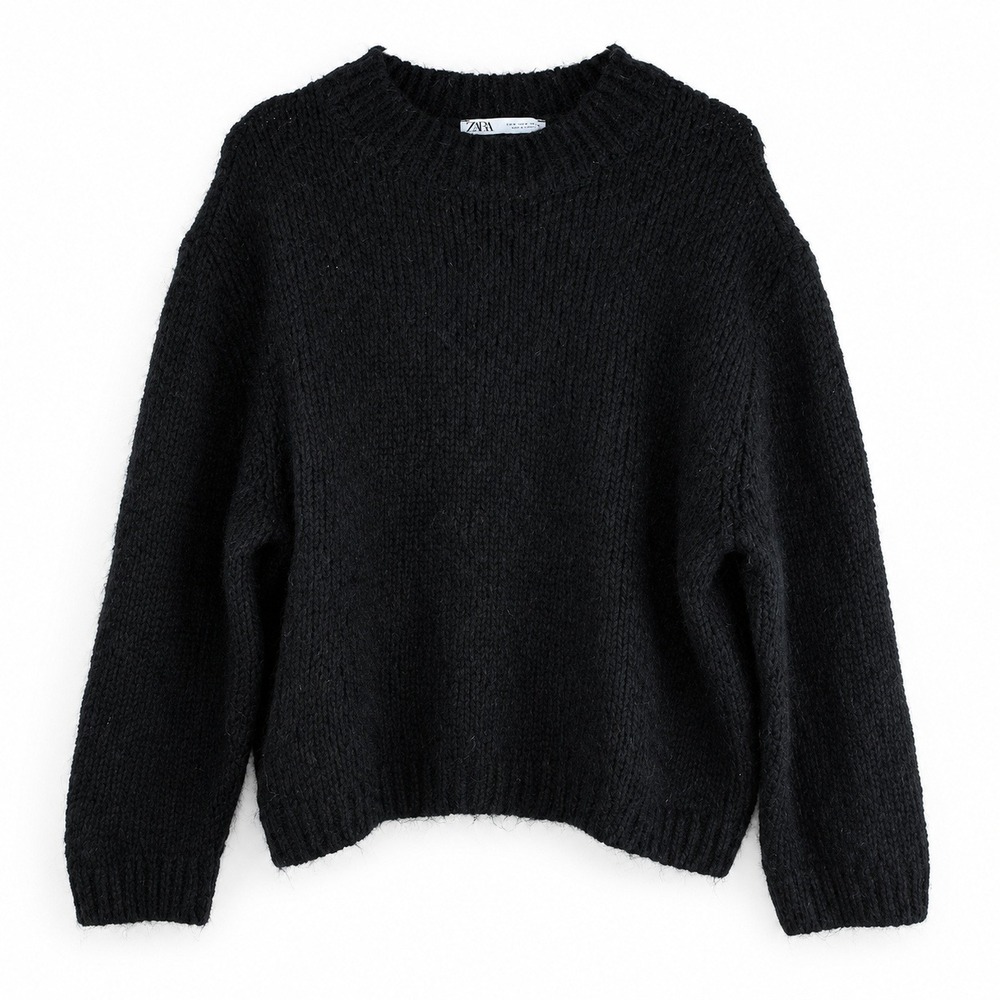 Zara Women Black Ribbed Knit Crewneck Sweater Size Medium Relaxed Pullover